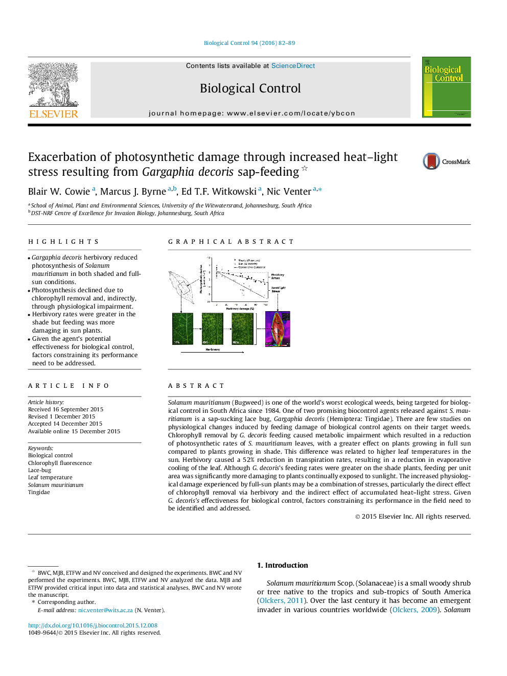 Exacerbation of photosynthetic damage through increased heat–light stress resulting from Gargaphia decoris sap-feeding 