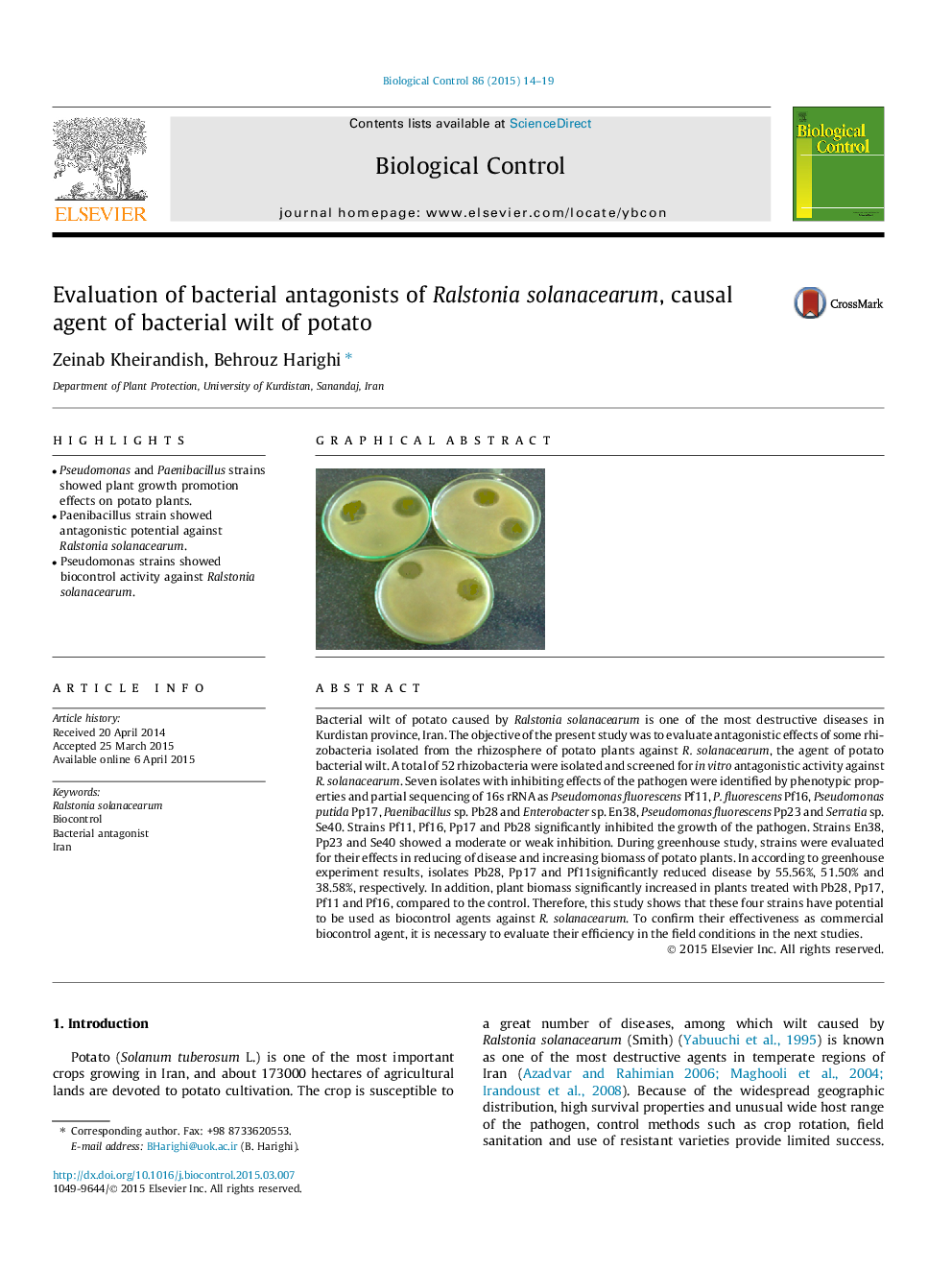 Evaluation of bacterial antagonists of Ralstonia solanacearum, causal agent of bacterial wilt of potato