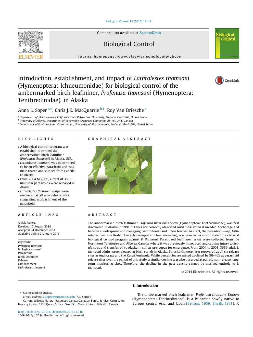 Introduction, establishment, and impact of Lathrolestes thomsoni (Hymenoptera: Ichneumonidae) for biological control of the ambermarked birch leafminer, Profenusa thomsoni (Hymenoptera: Tenthredinidae), in Alaska