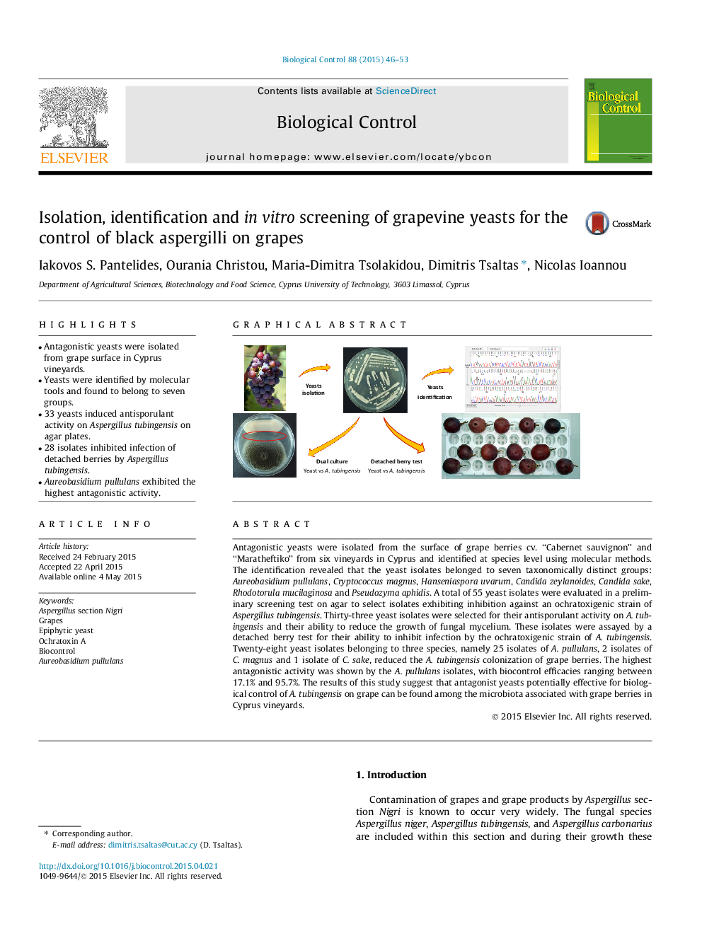 Isolation, identification and in vitro screening of grapevine yeasts for the control of black aspergilli on grapes