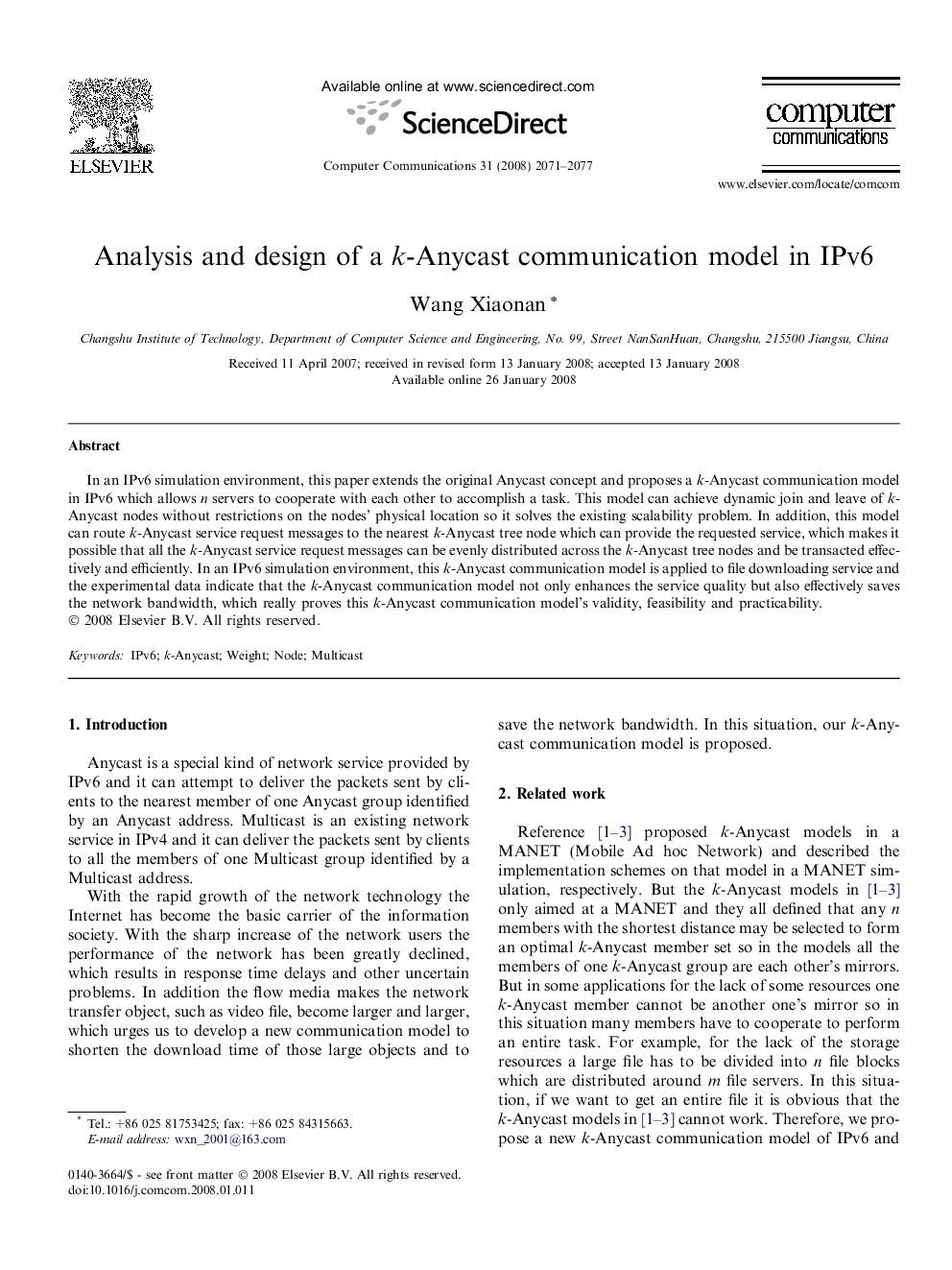 Analysis and design of a k-Anycast communication model in IPv6