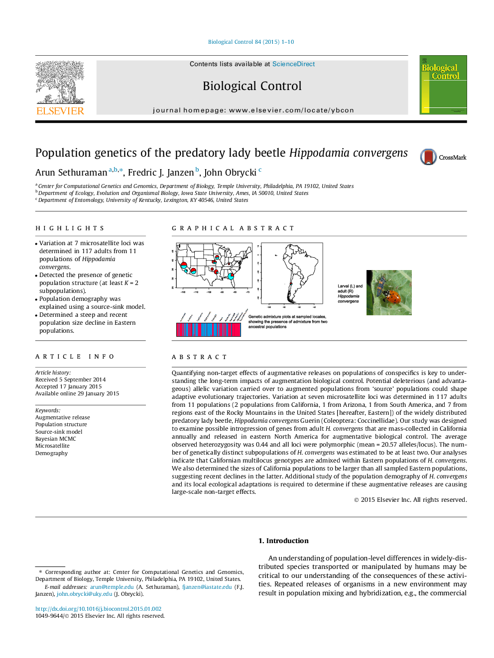 Population genetics of the predatory lady beetle Hippodamia convergens