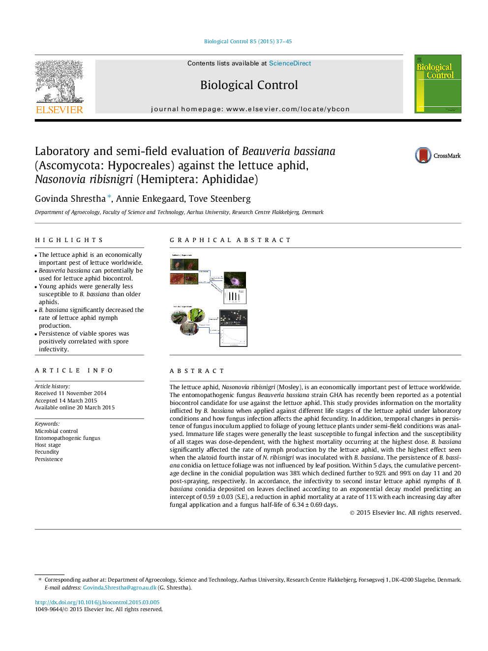 Laboratory and semi-field evaluation of Beauveria bassiana (Ascomycota: Hypocreales) against the lettuce aphid, Nasonovia ribisnigri (Hemiptera: Aphididae)