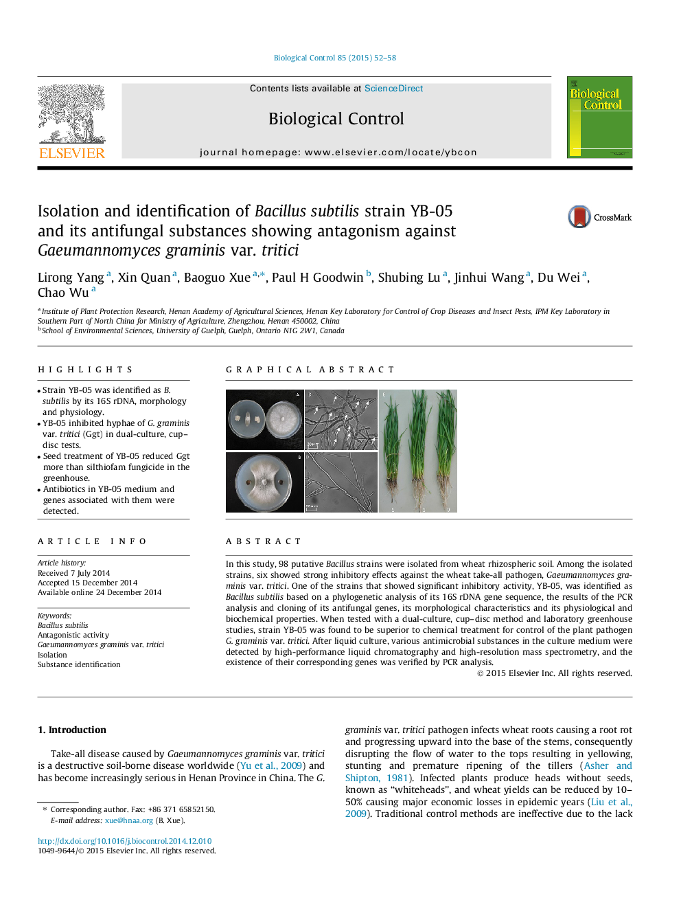 Isolation and identification of Bacillus subtilis strain YB-05 and its antifungal substances showing antagonism against Gaeumannomyces graminis var. tritici