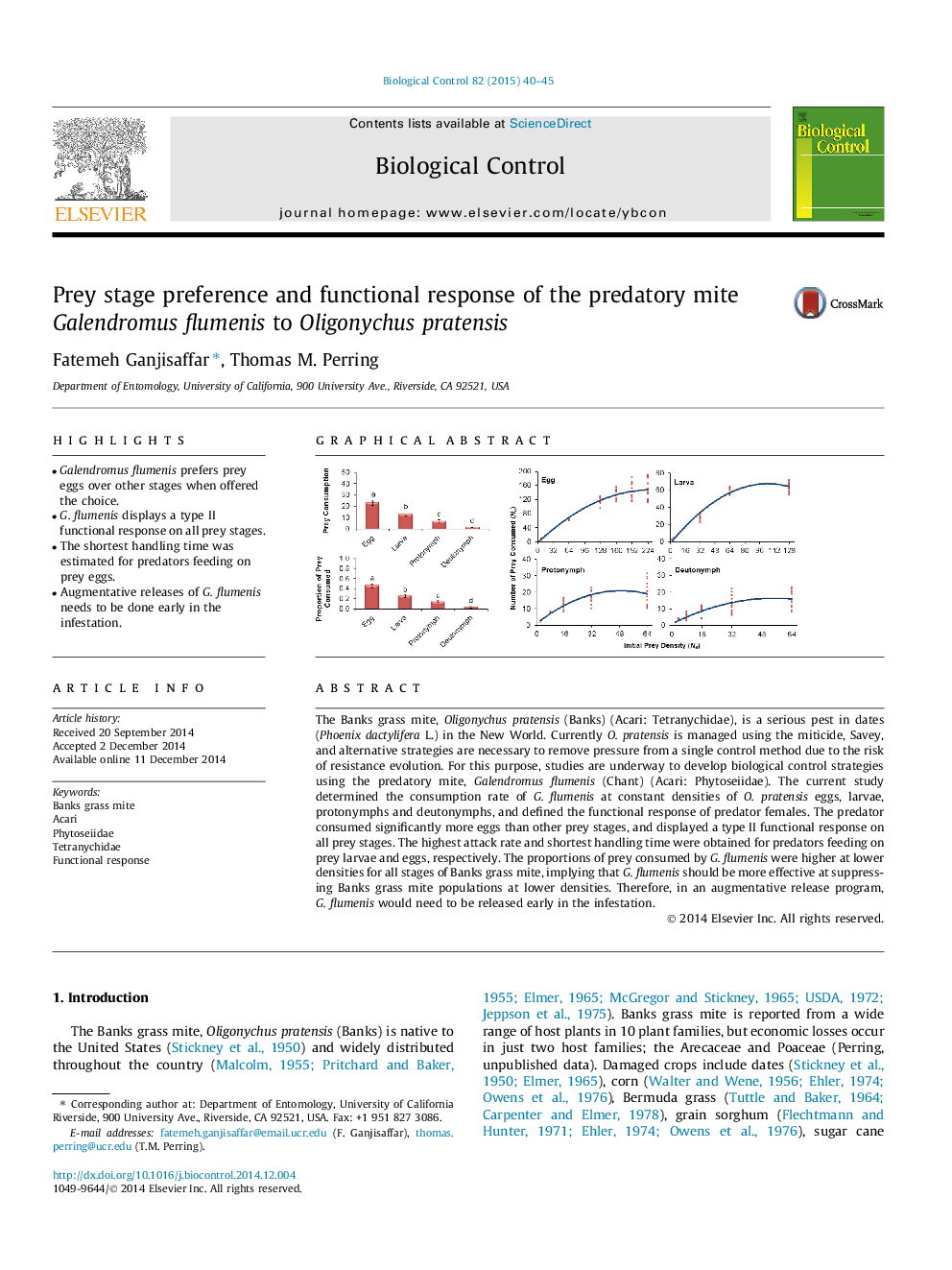 Prey stage preference and functional response of the predatory mite Galendromus flumenis to Oligonychus pratensis