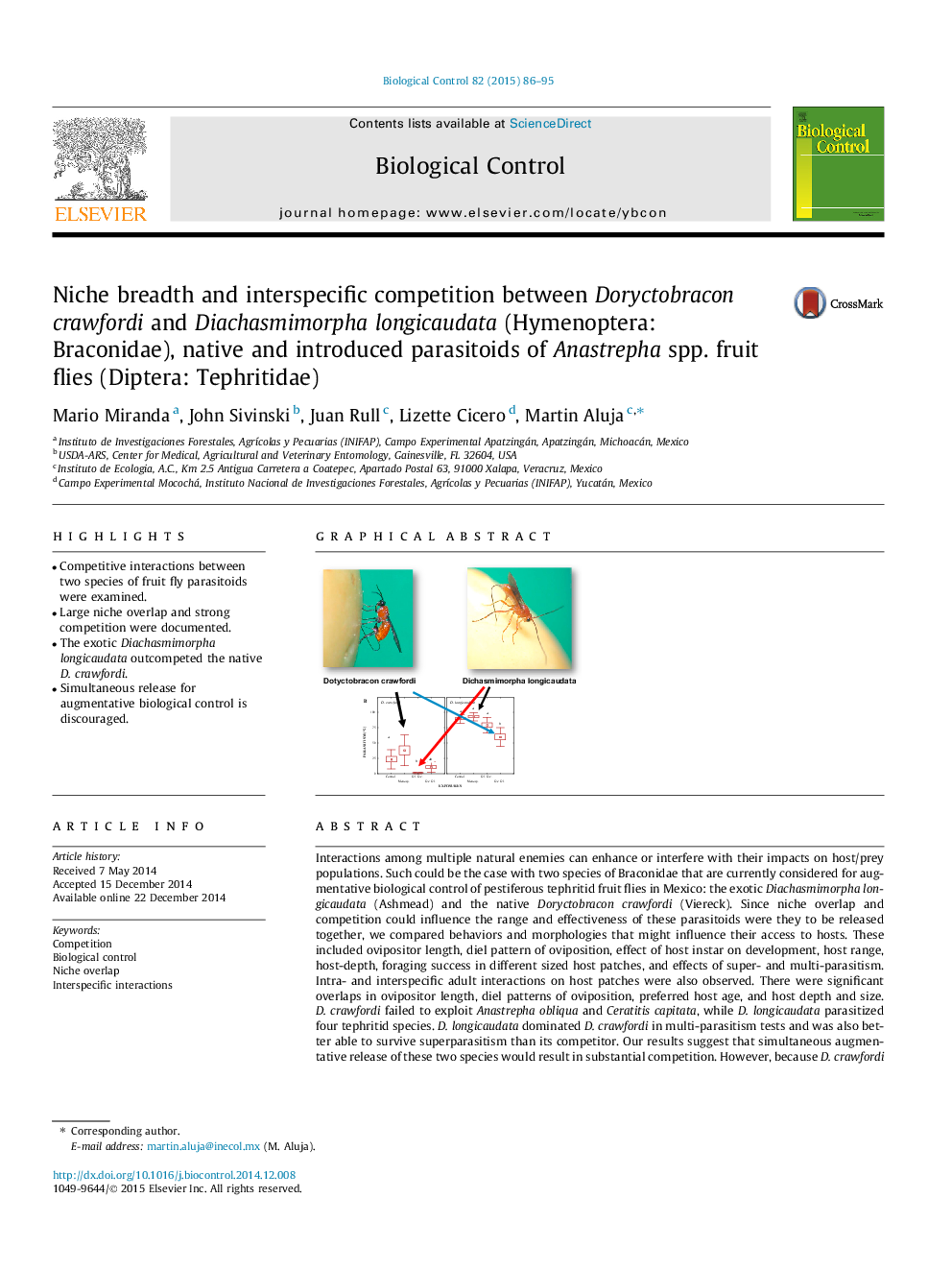 Niche breadth and interspecific competition between Doryctobracon crawfordi and Diachasmimorpha longicaudata (Hymenoptera: Braconidae), native and introduced parasitoids of Anastrepha spp. fruit flies (Diptera: Tephritidae)