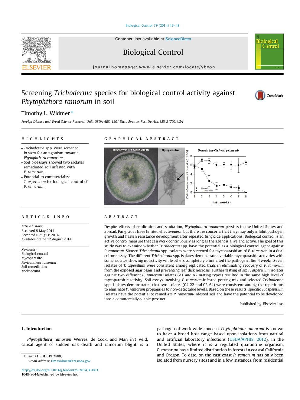 Screening Trichoderma species for biological control activity against Phytophthora ramorum in soil