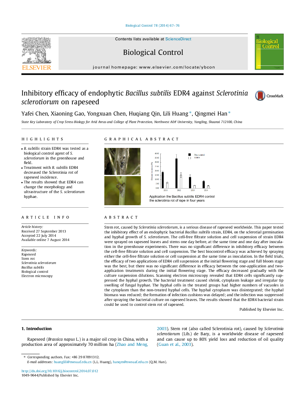 Inhibitory efficacy of endophytic Bacillus subtilis EDR4 against Sclerotinia sclerotiorum on rapeseed