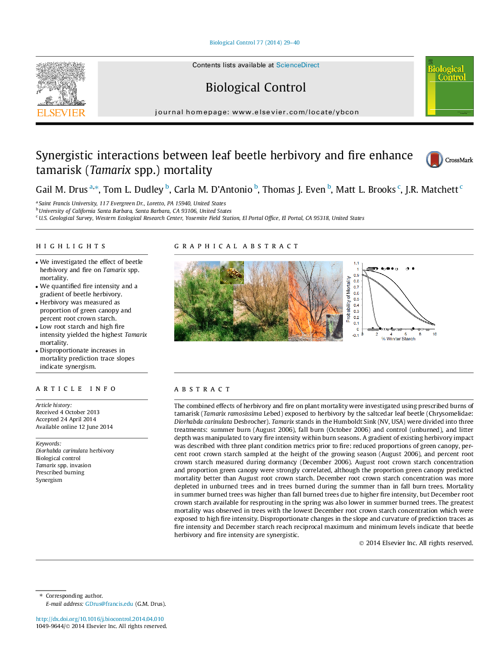 Synergistic interactions between leaf beetle herbivory and fire enhance tamarisk (Tamarix spp.) mortality