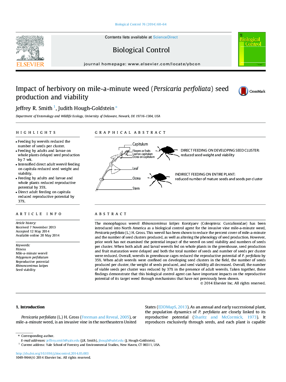 Impact of herbivory on mile-a-minute weed (Persicaria perfoliata) seed production and viability