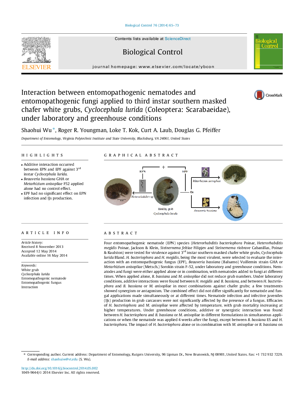 Interaction between entomopathogenic nematodes and entomopathogenic fungi applied to third instar southern masked chafer white grubs, Cyclocephala lurida (Coleoptera: Scarabaeidae), under laboratory and greenhouse conditions