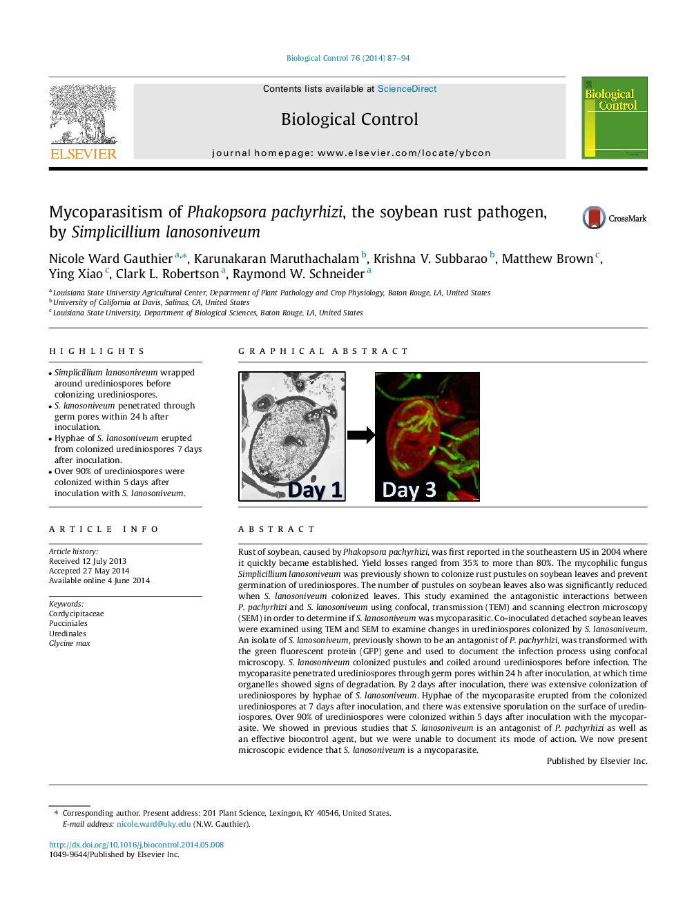 Mycoparasitism of Phakopsora pachyrhizi, the soybean rust pathogen, by Simplicillium lanosoniveum