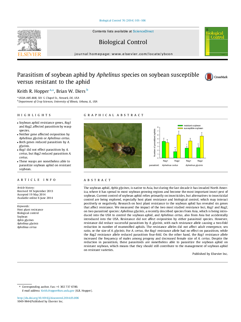 Parasitism of soybean aphid by Aphelinus species on soybean susceptible versus resistant to the aphid