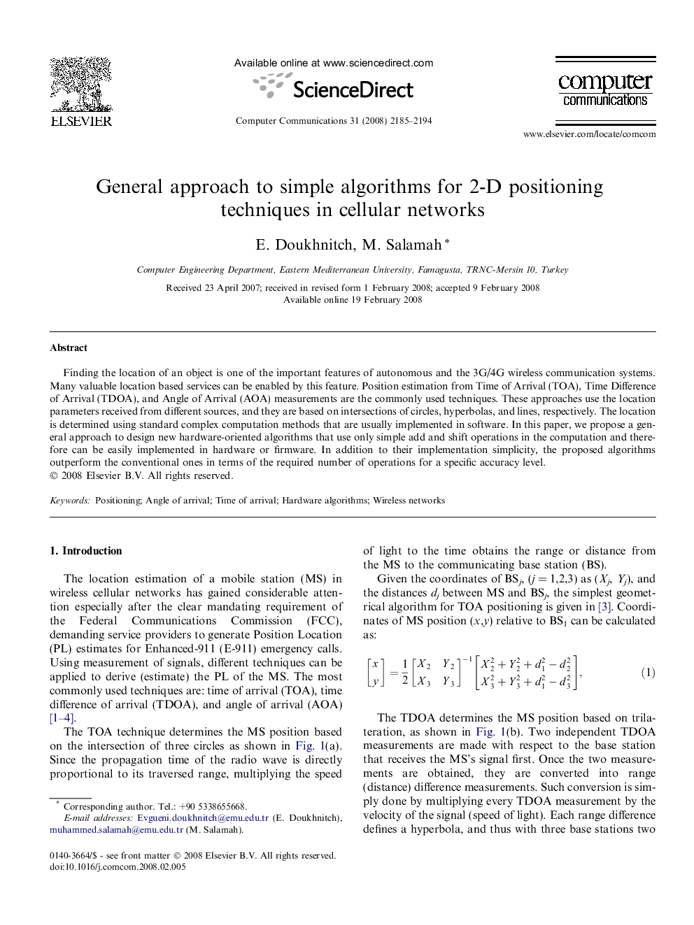 General approach to simple algorithms for 2-D positioning techniques in cellular networks