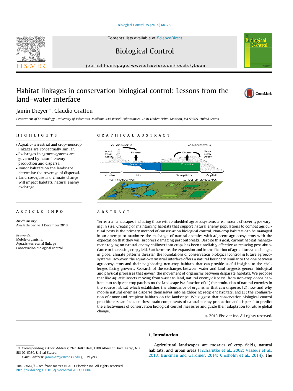 Habitat linkages in conservation biological control: Lessons from the land–water interface