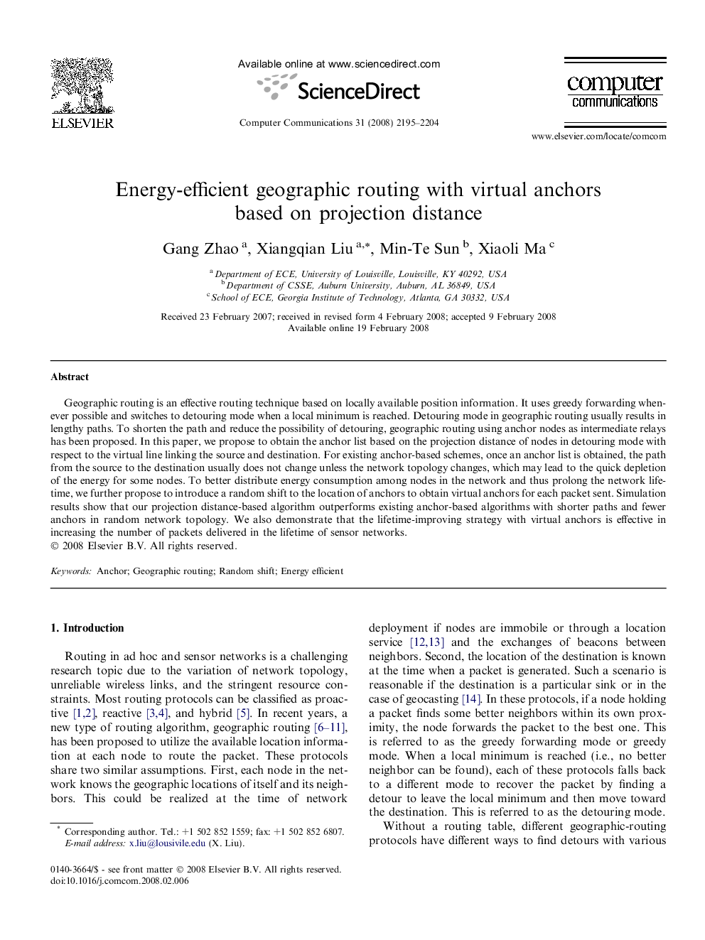 Energy-efficient geographic routing with virtual anchors based on projection distance