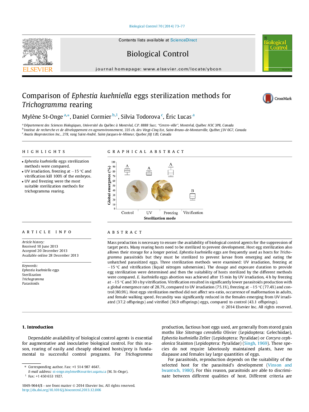 Comparison of Ephestia kuehniella eggs sterilization methods for Trichogramma rearing
