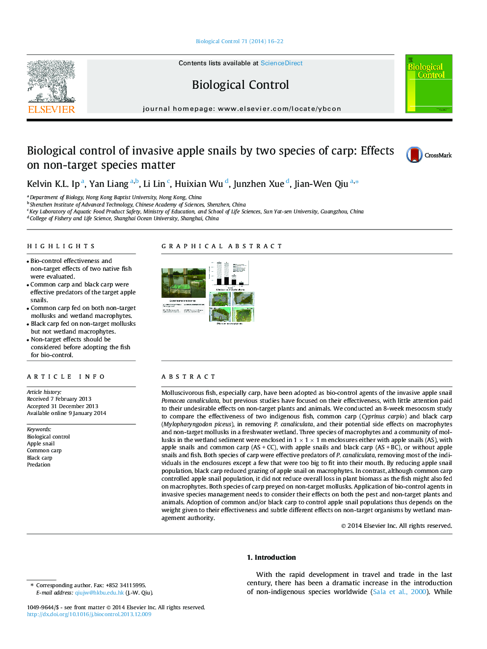 Biological control of invasive apple snails by two species of carp: Effects on non-target species matter