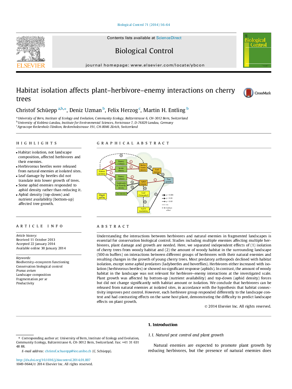 Habitat isolation affects plant–herbivore–enemy interactions on cherry trees