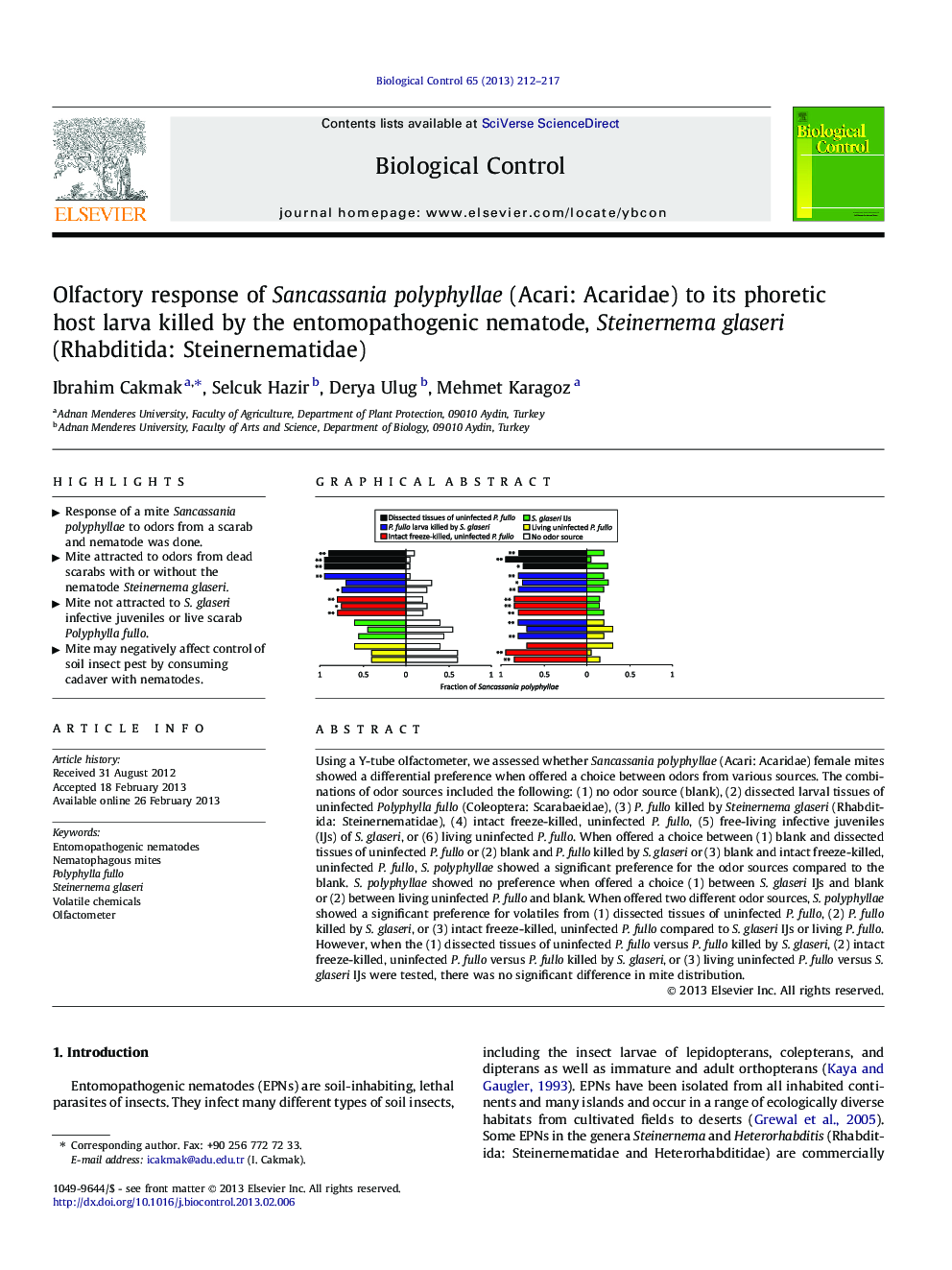 Olfactory response of Sancassania polyphyllae (Acari: Acaridae) to its phoretic host larva killed by the entomopathogenic nematode, Steinernema glaseri (Rhabditida: Steinernematidae)