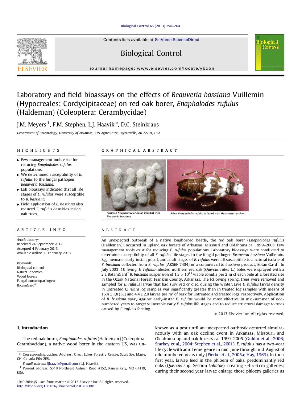 Laboratory and field bioassays on the effects of Beauveria bassiana Vuillemin (Hypocreales: Cordycipitaceae) on red oak borer, Enaphalodes rufulus (Haldeman) (Coleoptera: Cerambycidae)