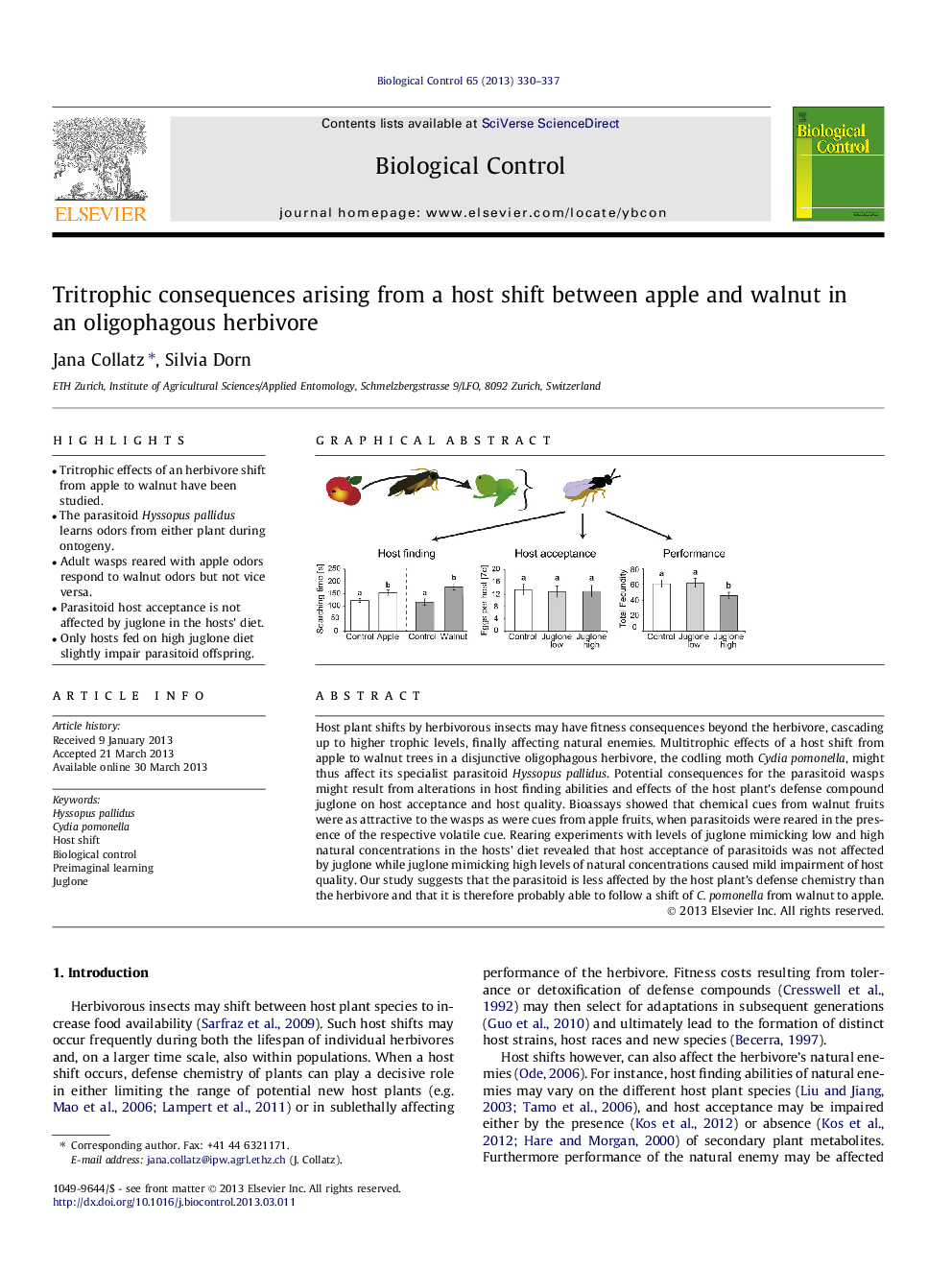 Tritrophic consequences arising from a host shift between apple and walnut in an oligophagous herbivore