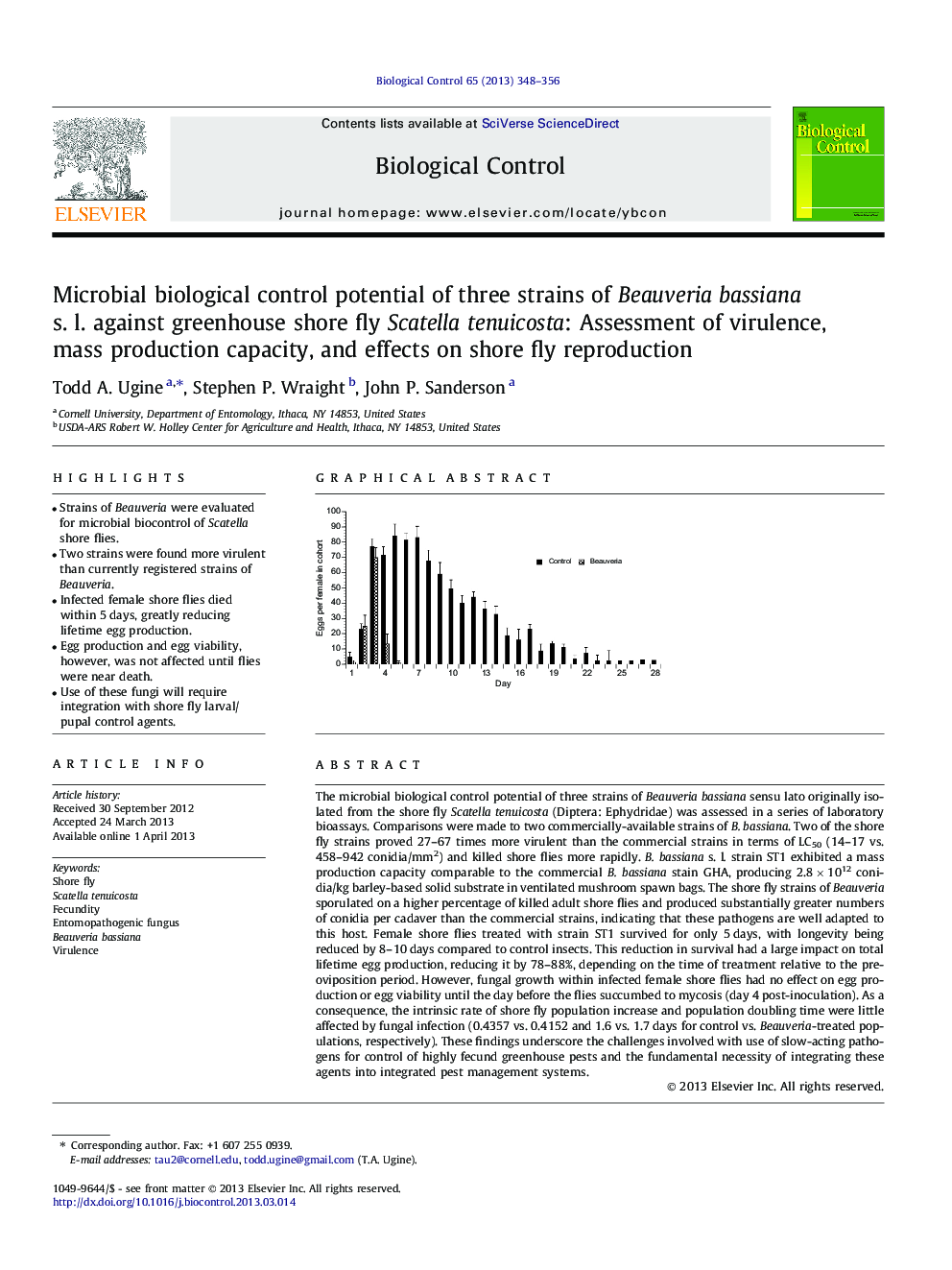 عکس صفحه اول مقاله: Microbial biological control potential of three strains of Beauveria bassiana s. l. against greenhouse shore fly Scatella tenuicosta: Assessment of virulence, mass production capacity, and effects on shore fly reproduction Microbial biological control potential of three strains of Beauveria bassiana s. l. against greenhouse shore fly Scatella tenuicosta: Assessment of virulence, mass production capacity, and effects on shore fly reproduction
