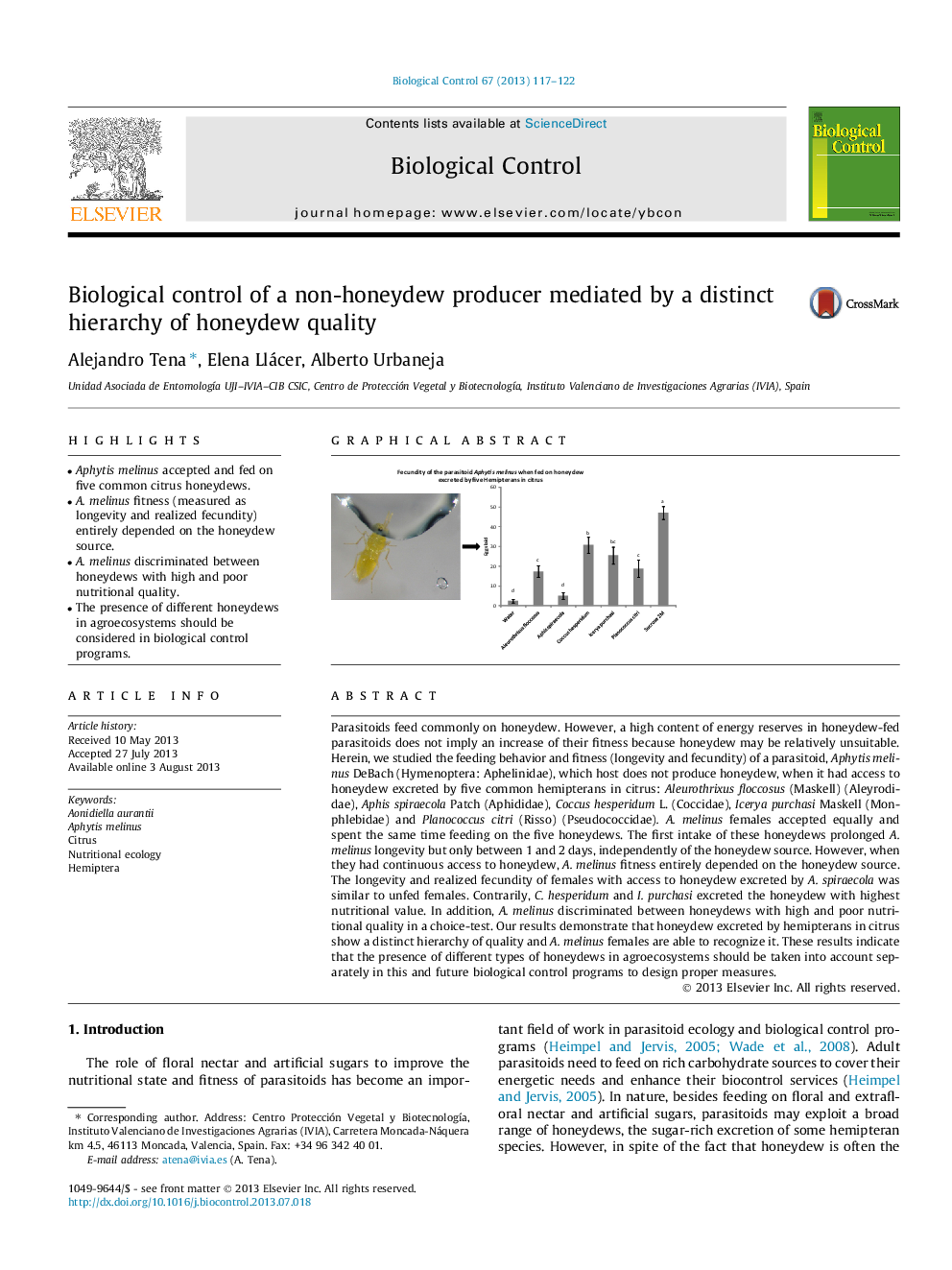 Biological control of a non-honeydew producer mediated by a distinct hierarchy of honeydew quality