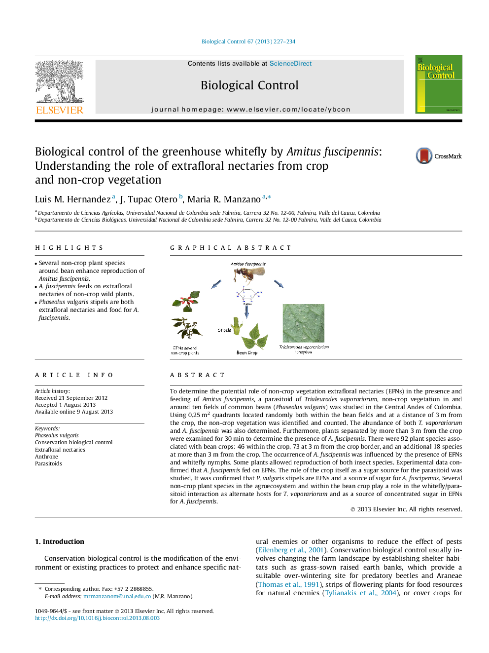 Biological control of the greenhouse whitefly by Amitus fuscipennis: Understanding the role of extrafloral nectaries from crop and non-crop vegetation