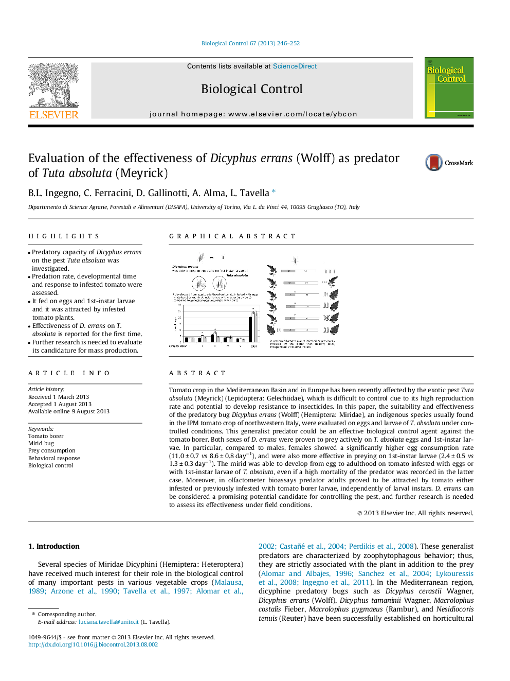 Evaluation of the effectiveness of Dicyphus errans (Wolff) as predator of Tuta absoluta (Meyrick)