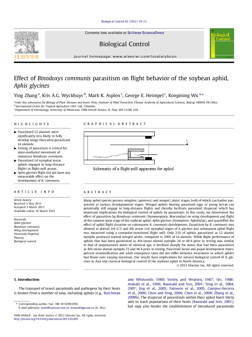 Effect of Binodoxys communis parasitism on flight behavior of the soybean aphid, Aphis glycines