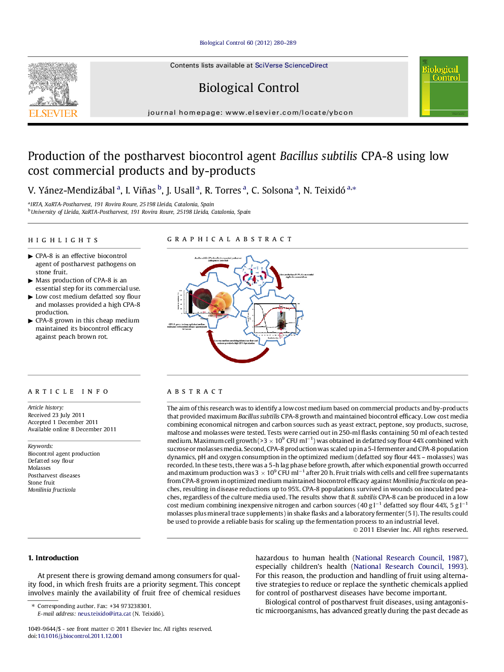 Production of the postharvest biocontrol agent Bacillus subtilis CPA-8 using low cost commercial products and by-products