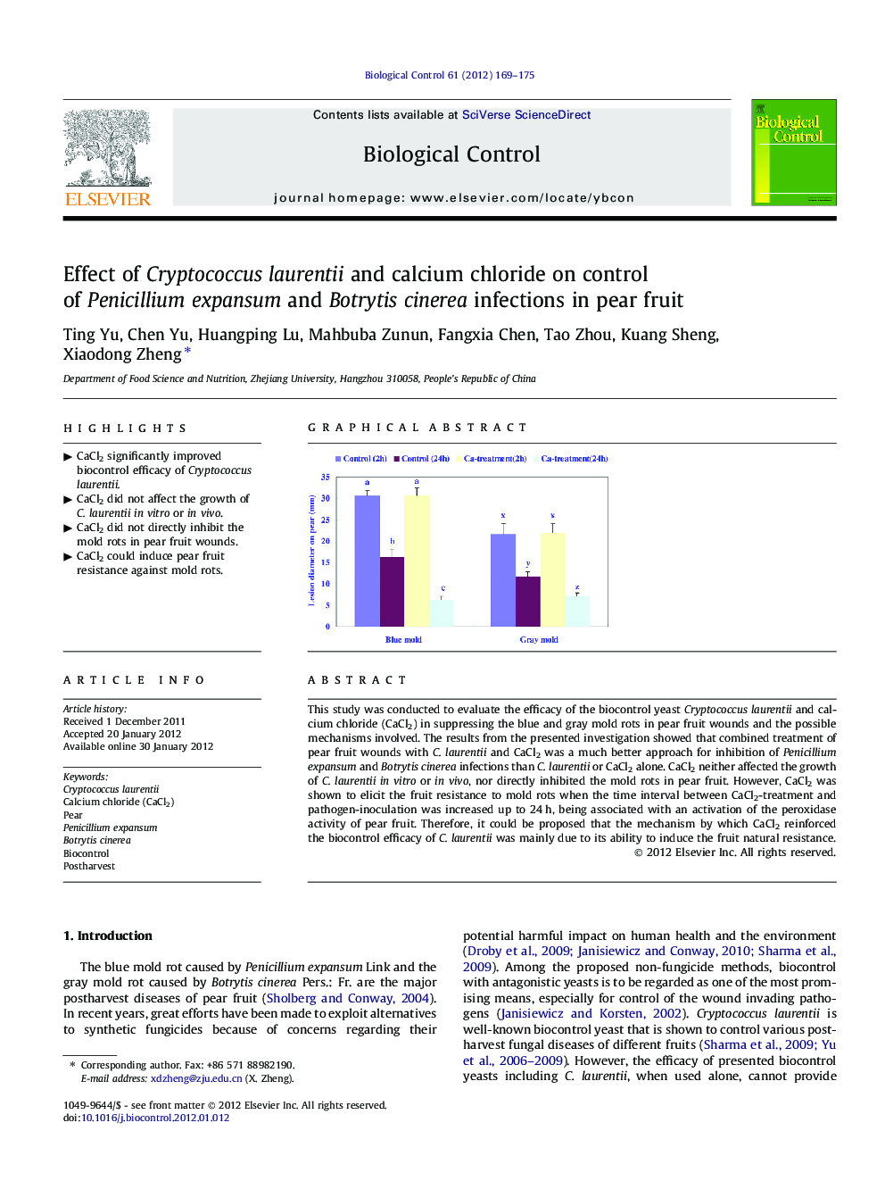 Effect of Cryptococcus laurentii and calcium chloride on control of Penicillium expansum and Botrytis cinerea infections in pear fruit