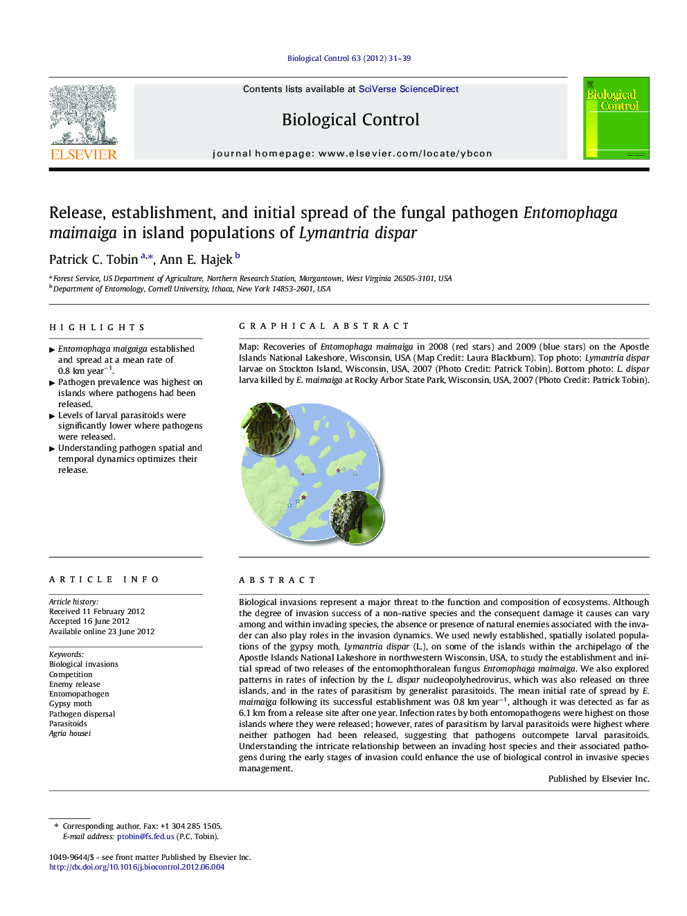 Release, establishment, and initial spread of the fungal pathogen Entomophaga maimaiga in island populations of Lymantria dispar