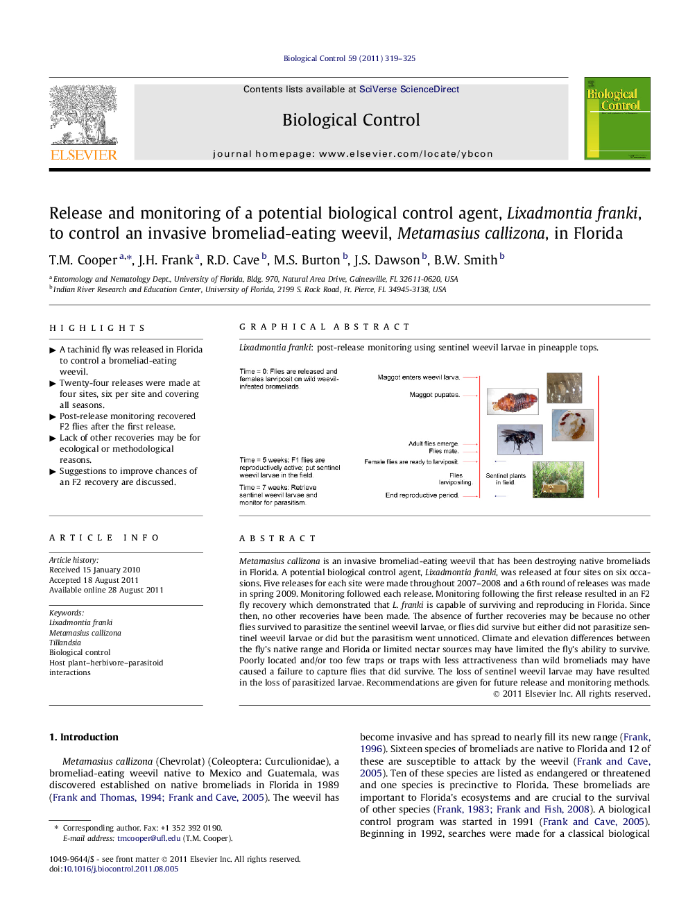 Release and monitoring of a potential biological control agent, Lixadmontia franki, to control an invasive bromeliad-eating weevil, Metamasius callizona, in Florida