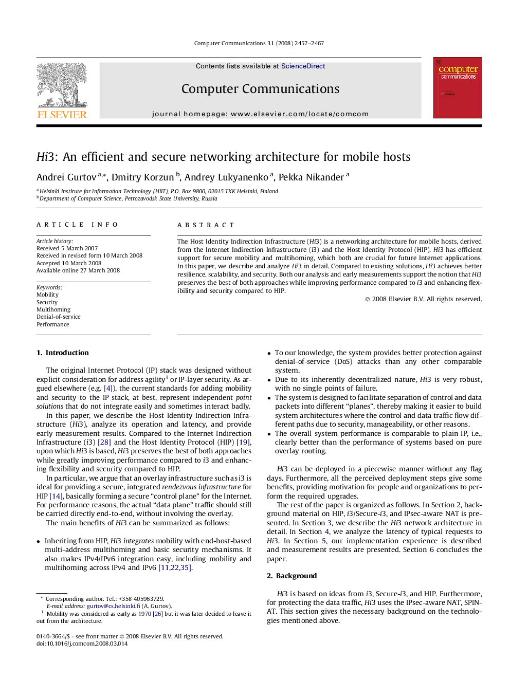 Hi3: An efficient and secure networking architecture for mobile hosts