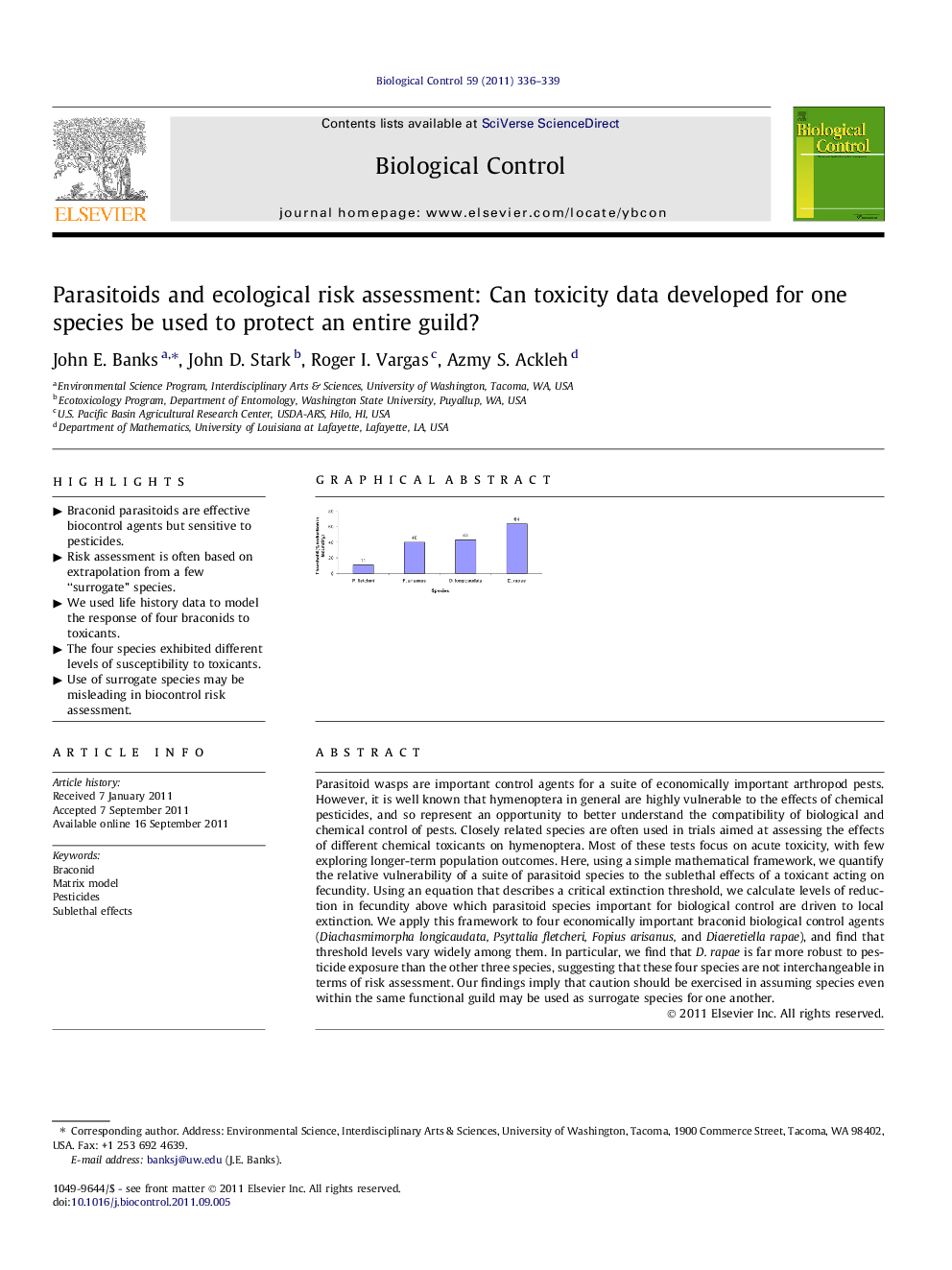 Parasitoids and ecological risk assessment: Can toxicity data developed for one species be used to protect an entire guild?