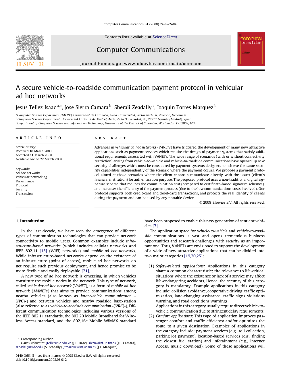 A secure vehicle-to-roadside communication payment protocol in vehicular ad hoc networks