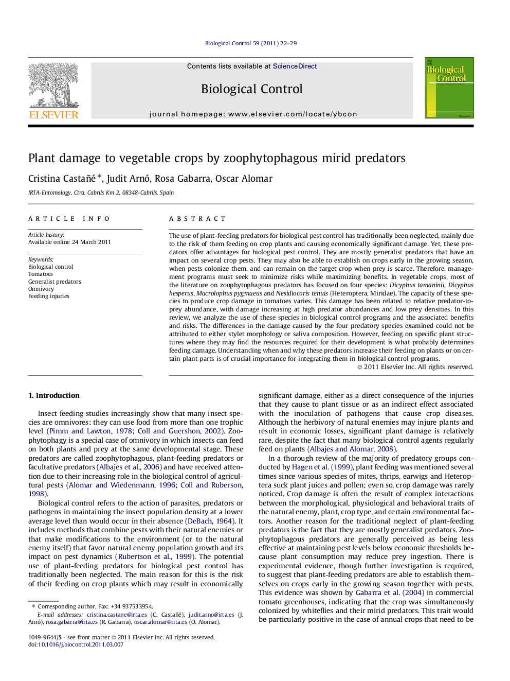 Plant damage to vegetable crops by zoophytophagous mirid predators