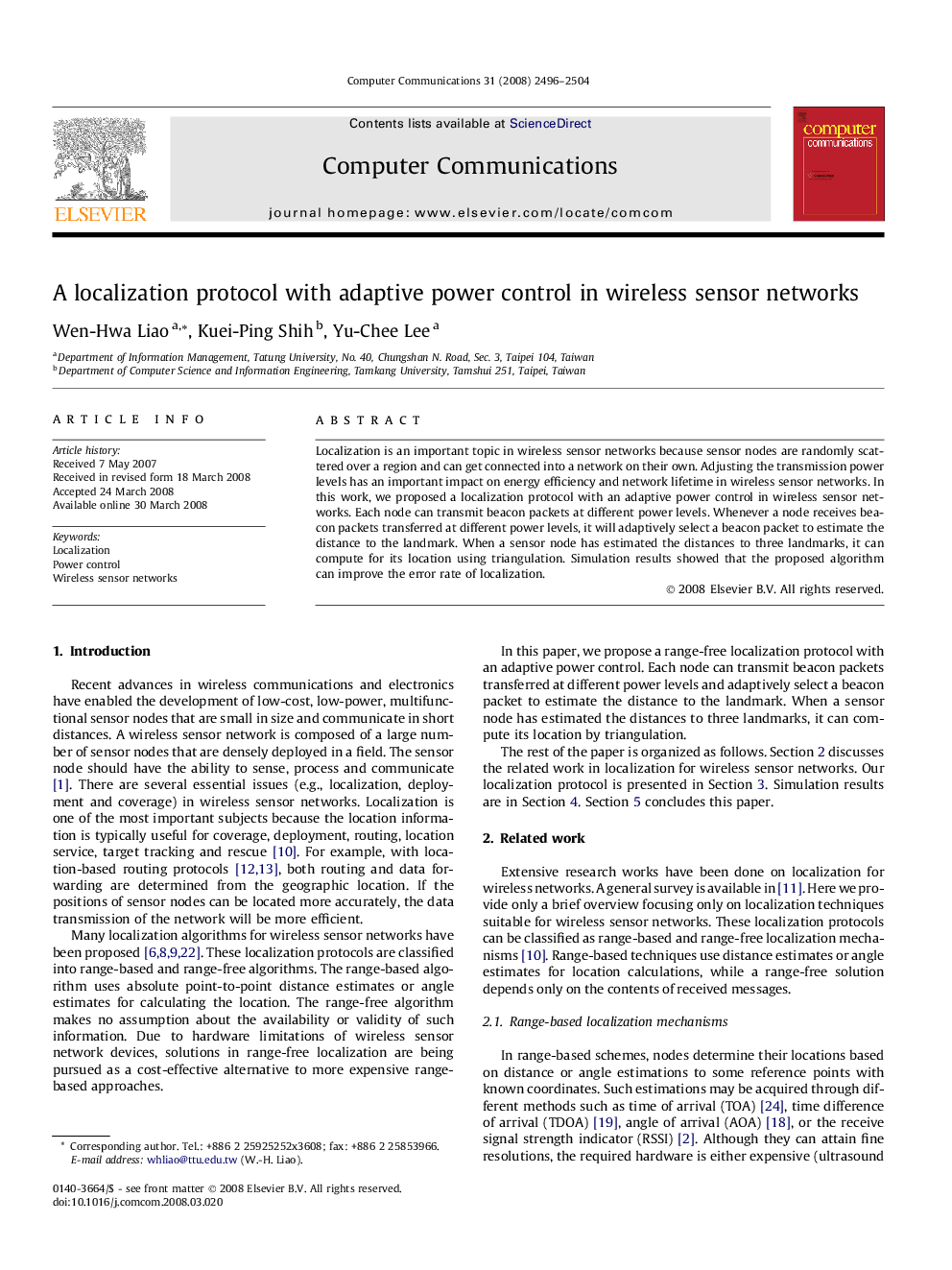 A localization protocol with adaptive power control in wireless sensor networks