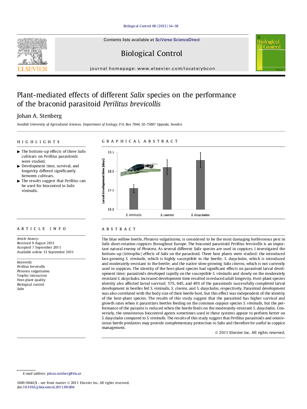 Plant-mediated effects of different Salix species on the performance of the braconid parasitoid Perilitus brevicollis