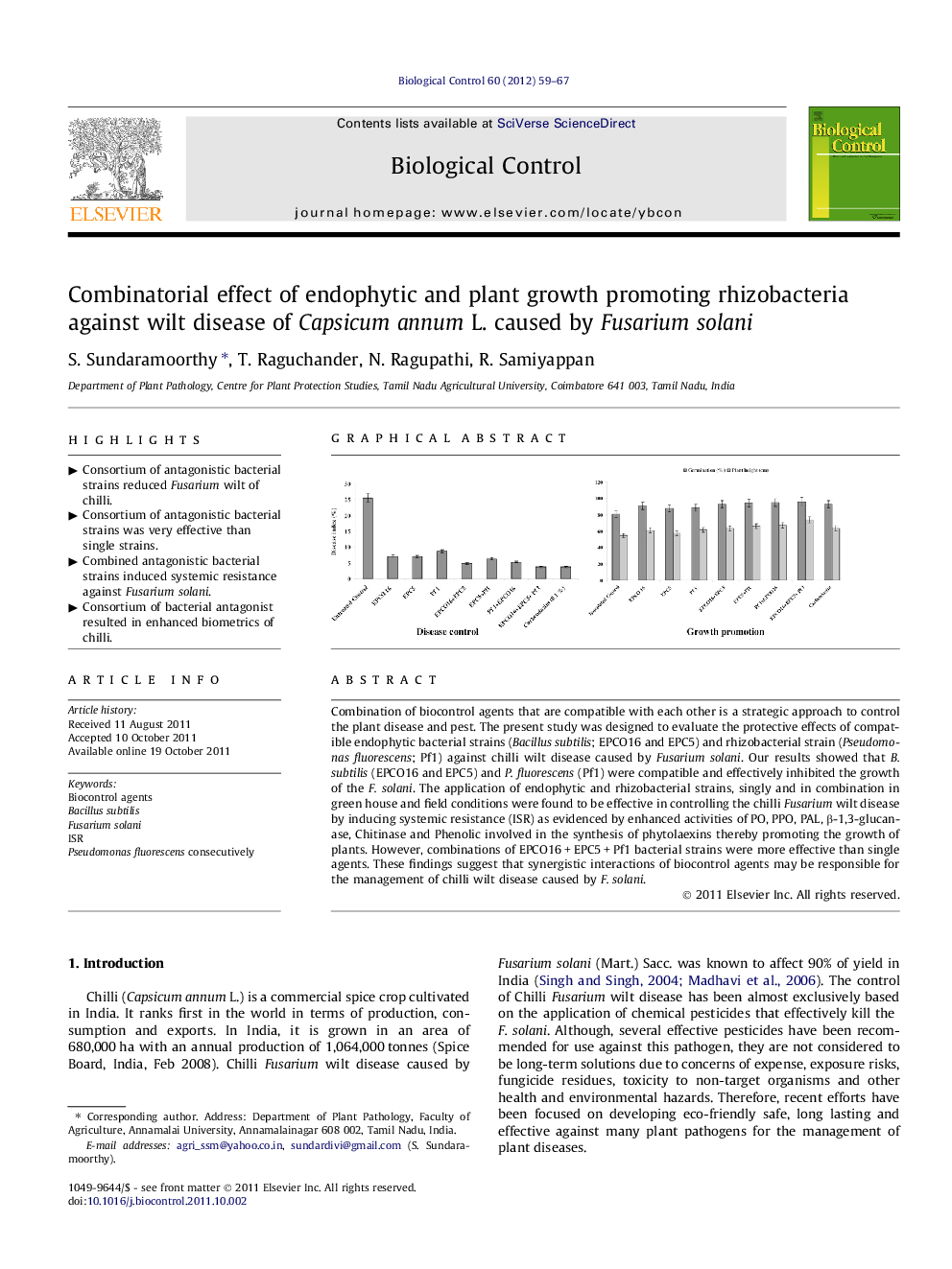 Combinatorial effect of endophytic and plant growth promoting rhizobacteria against wilt disease of Capsicum annum L. caused by Fusarium solani