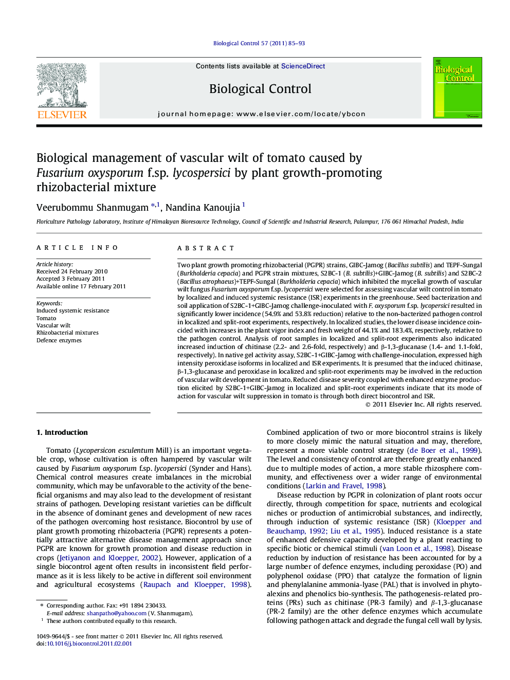 Biological management of vascular wilt of tomato caused by Fusarium oxysporum f.sp. lycospersici by plant growth-promoting rhizobacterial mixture