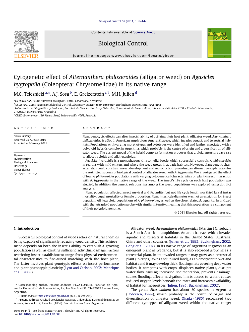 Cytogenetic effect of Alternanthera philoxeroides (alligator weed) on Agasicles hygrophila (Coleoptera: Chrysomelidae) in its native range