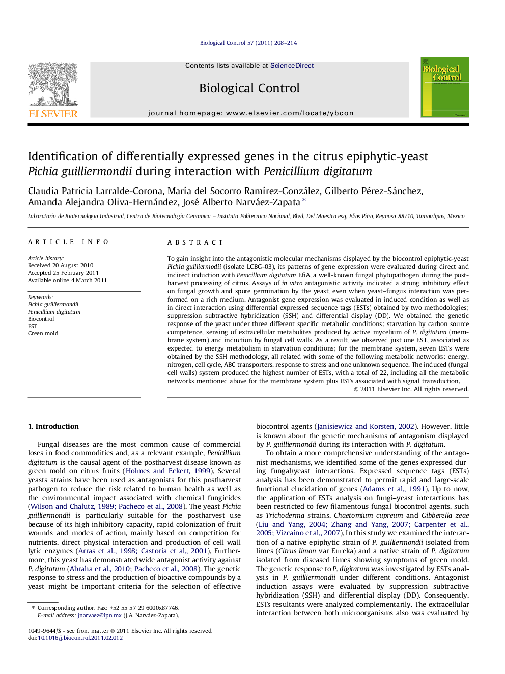Identification of differentially expressed genes in the citrus epiphytic-yeast Pichia guilliermondii during interaction with Penicillium digitatum