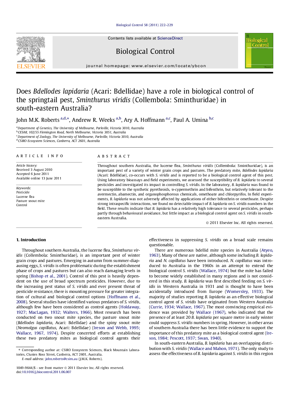 Does Bdellodes lapidaria (Acari: Bdellidae) have a role in biological control of the springtail pest, Sminthurus viridis (Collembola: Sminthuridae) in south-eastern Australia?