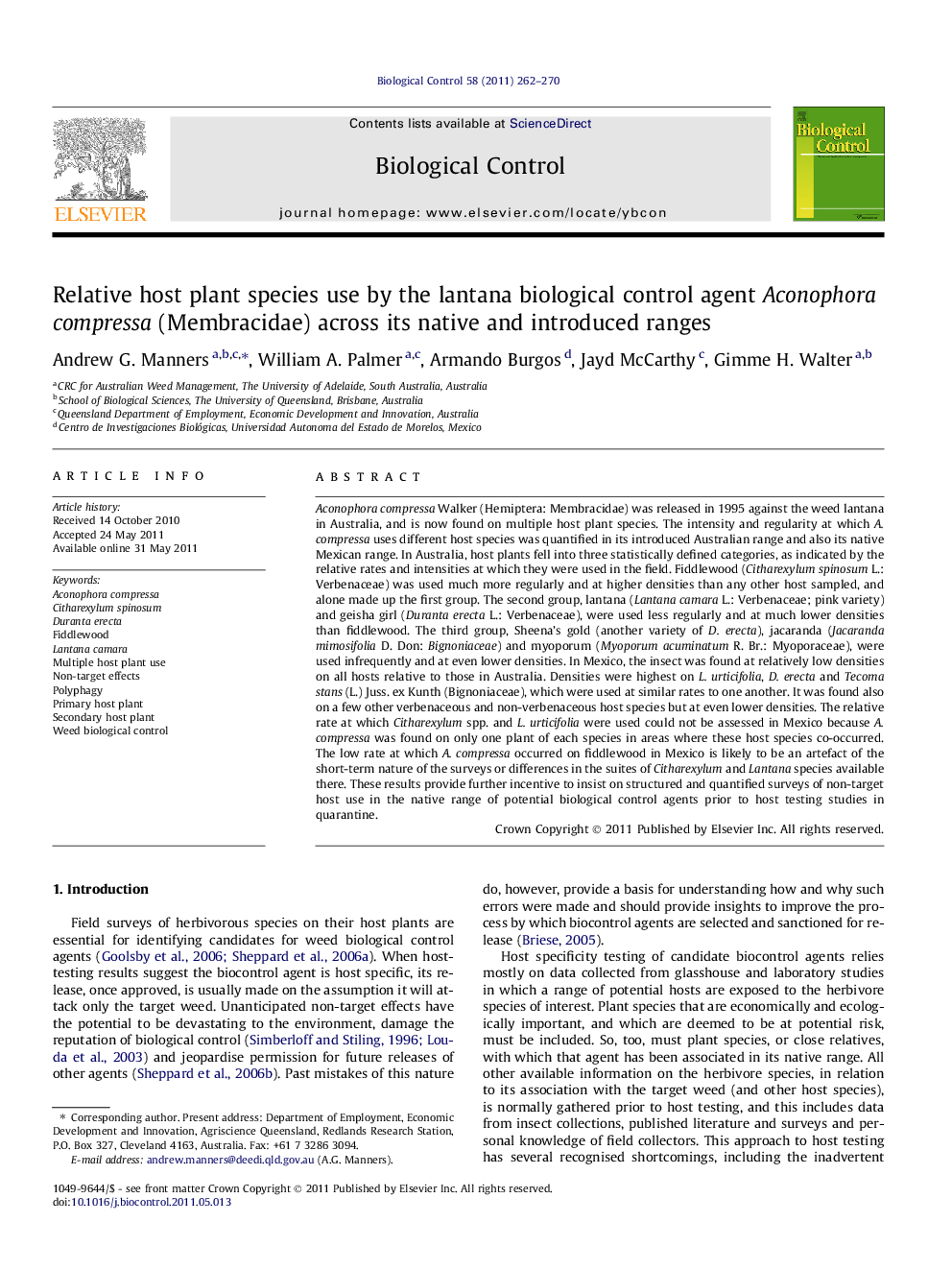 Relative host plant species use by the lantana biological control agent Aconophora compressa (Membracidae) across its native and introduced ranges