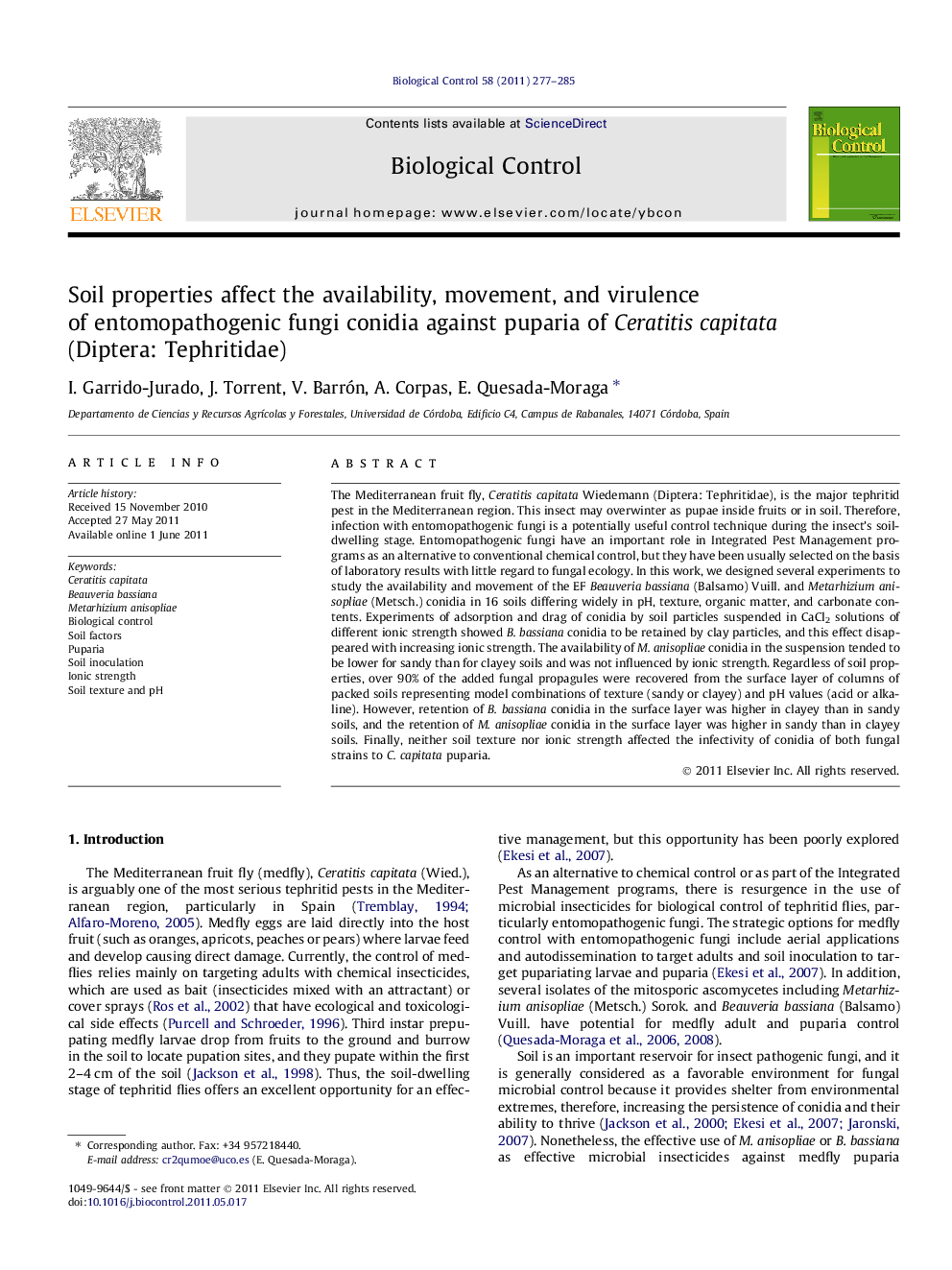 Soil properties affect the availability, movement, and virulence of entomopathogenic fungi conidia against puparia of Ceratitis capitata (Diptera: Tephritidae)