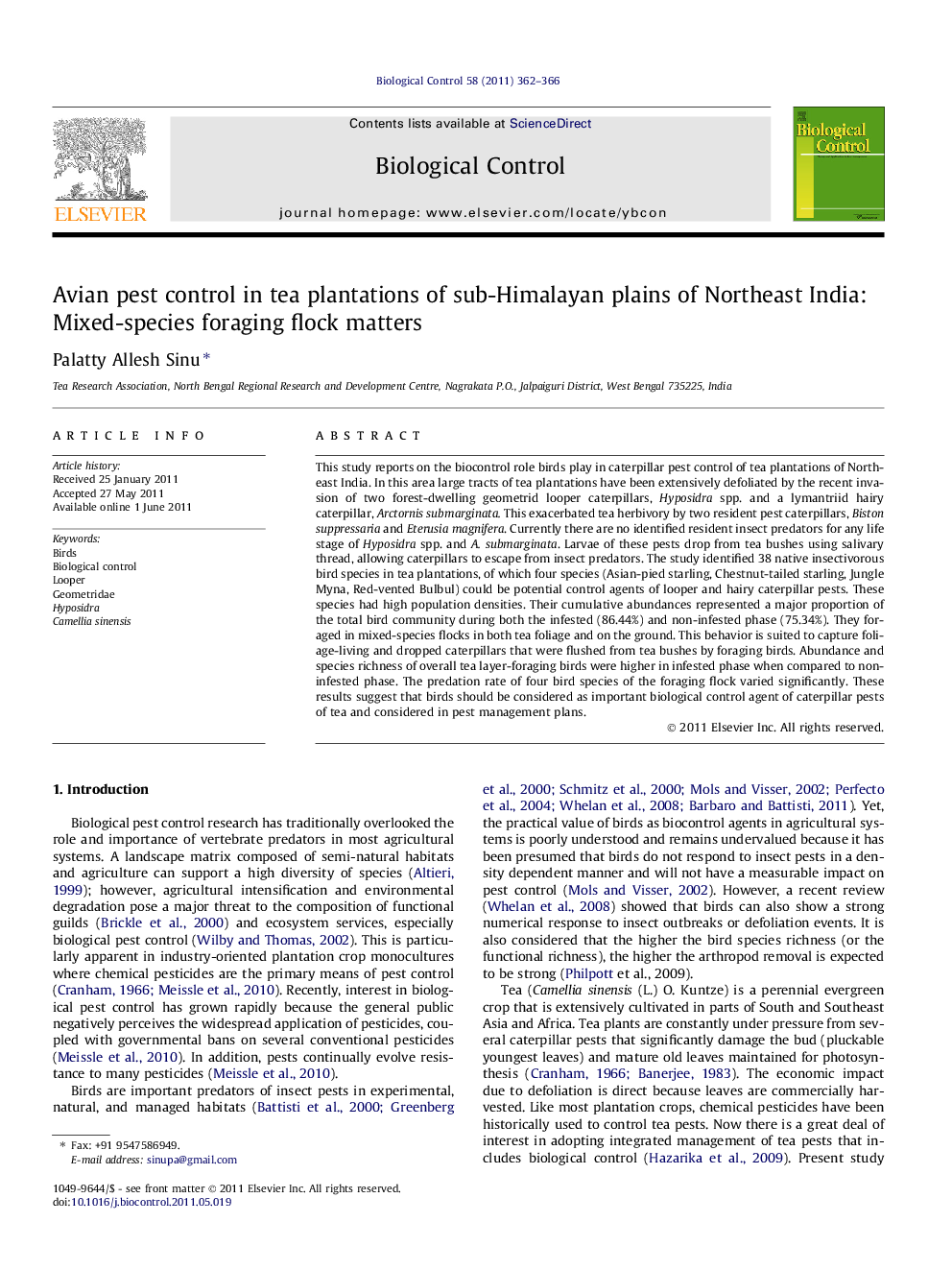 Avian pest control in tea plantations of sub-Himalayan plains of Northeast India: Mixed-species foraging flock matters