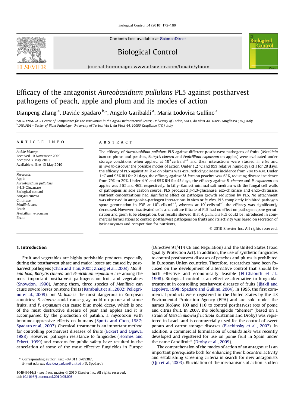 Efficacy of the antagonist Aureobasidium pullulans PL5 against postharvest pathogens of peach, apple and plum and its modes of action